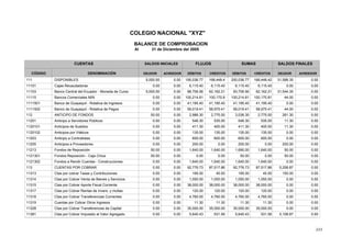 223
COLEGIO NACIONAL "XYZ"
BALANCE DE COMPROBACION
Al 31 de Diciembre del 2005
SALDOS INICIALES
CÓDIGO DENOMINACIÓN DÉBITOS CRÉDITOS
SALDOS FINALES
DEUDORDEUDOR ACREEDOR
FLUJOS
DÉBITOS
SUMASCUENTAS
ACREEDORCRÉDITOS
195,036.77 168,448.45,000.00 0.00 31,588.35 0.00200,036.77DISPONIBLES111 168,448.42
6,115.40 6,115.400.00 0.00 0.00 0.006,115.40Cajas Recaudadoras11101 6,115.40
88,706.56 62,162.215,000.00 0.00 31,544.35 0.0093,706.56Banco Central del Ecuador - Moneda de Curso11103 62,162.21
100,214.81 100,170.80.00 0.00 44.00 0.00100,214.81Bancos Comerciales M/N11115 100,170.81
41,195.40 41,195.400.00 0.00 0.00 0.0041,195.40Banco de Guayaquil - Rotativa de Ingresos1111501 41,195.40
59,019.41 58,975.410.00 0.00 44.00 0.0059,019.41Banco de Guayaquil - Rotativa de Pagos1111502 58,975.41
2,986.30 2,775.0050.00 0.00 261.30 0.003,036.30ANTICIPO DE FONDOS112 2,775.00
546.30 535.000.00 0.00 11.30 0.00546.30Anticipo a Servidores Públicos11201 535.00
411.30 400.000.00 0.00 11.30 0.00411.30Anticipos de Sueldos1120101 400.00
135.00 135.000.00 0.00 0.00 0.00135.00Anticipos por Viáticos1120102 135.00
600.00 600.000.00 0.00 0.00 0.00600.00Anticipo a Contratistas11203 600.00
200.00 0.000.00 0.00 200.00 0.00200.00Anticipos a Proveedores11205 0.00
1,640.00 1,640.0050.00 0.00 50.00 0.001,690.00Fondos de Reposición11213 1,640.00
0.00 0.0050.00 0.00 50.00 0.0050.00Fondos Reposición - Caja Chica1121301 0.00
1,640.00 1,640.000.00 0.00 0.00 0.001,640.00Fondos a Rendir Cuentas - Construcciones1121302 1,640.00
92,776.73 87,517.860.00 0.00 5,258.87 0.0092,776.73CUENTAS POR COBRAR113 87,517.86
195.00 45.000.00 0.00 150.00 0.00195.00Ctas por cobrar Tasas y Contribuciones11313 45.00
1,050.00 1,050.000.00 0.00 0.00 0.001,050.00Ctas por Cobrar Venta de Bienes y Servicios11314 1,050.00
38,000.00 38,000.000.00 0.00 0.00 0.0038,000.00Ctas por Cobrar Aporte Fiscal Corriente11315 38,000.00
120.00 120.000.00 0.00 0.00 0.00120.00Ctas por Cobrar Rentas de Invers. y multas11317 120.00
4,760.00 4,760.000.00 0.00 0.00 0.004,760.00Ctas por Cobrar Transferencias Corrientes11318 4,760.00
11.30 11.300.00 0.00 0.00 0.0011.30Cuentas por Cobrar Otros Ingresos11319 11.30
35,000.00 35,000.000.00 0.00 0.00 0.0035,000.00Ctas por Cobrar Transferencias de Capital11328 35,000.00
5,640.43 531.560.00 0.00 5,108.87 0.005,640.43Ctas por Cobrar Impuesto al Valor Agregado11381 531.56
 