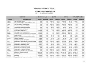 224
COLEGIO NACIONAL "XYZ"
BALANCE DE COMPROBACION
Al 31 de Diciembre del 2005
SALDOS INICIALES
CÓDIGO DENOMINACIÓN DÉBITOS CRÉDITOS
SALDOS FINALES
DEUDORDEUDOR ACREEDOR
FLUJOS
DÉBITOS
SUMASCUENTAS
ACREEDORCRÉDITOS
5,500.03 391.160.00 0.00 5,108.87 0.005,500.03Ctas por Cobrar IVA SRI1138101 391.16
140.40 140.400.00 0.00 0.00 0.00140.40Ctas por Cobrar IVA por Ventas de Bienes y Serv.1138102 140.40
8,000.00 8,000.000.00 0.00 0.00 0.008,000.00Ctas por Cobrar de Años Anteriores11383 8,000.00
950.00 950.000.00 0.00 0.00 0.00950.00Inversiones en Préstamos y Anticipos123 950.00
950.00 950.000.00 0.00 0.00 0.00950.00Concesión de Préstamos y Anticipos12301 950.00
950.00 950.000.00 0.00 0.00 0.00950.00Anticipos a Servidores Públicos1230111 950.00
0.00 8,000.008,000.00 0.00 0.00 0.008,000.00DEUDORES FINANCIEROS124 8,000.00
0.00 8,000.008,000.00 0.00 0.00 0.008,000.00Cuentas por Cobrar Años anteriores12483 8,000.00
0.00 8,000.008,000.00 0.00 0.00 0.008,000.00Cuentas por Cobrar Años Anteriores - Aporte Fiscal1248301 8,000.00
21.94 3.66359.60 0.00 377.88 0.00381.54Cargos Diferidos125 3.66
21.94 3.66359.60 0.00 377.88 0.00381.54Prepagos de Seguros, Comisiones Financieras y
O
12531 3.66
21.94 3.66359.60 0.00 377.88 0.00381.54Prepagos de Seguros1253101 3.66
1,500.00 680.003,622.64 0.00 4,442.64 0.005,122.64EXISTENCIAS PARA CONSUMO131 680.00
1,500.00 680.003,622.64 0.00 4,442.64 0.005,122.64Existencias de Bienes de Uso y Consumo Corriente13101 680.00
500.00 250.00650.24 0.00 900.24 0.001,150.24Existencias de Materiales de Oficina1310104 250.00
300.00 130.00520.17 0.00 690.17 0.00820.17Existencias de Materiales de Aseo1310105 130.00
700.00 300.002,452.23 0.00 2,852.23 0.003,152.23Existencias de Materiales Didácticos1310112 300.00
12,500.00 875.000.00 0.00 11,625.00 0.0012,500.00Existencias para Producción y Ventas132 875.00
12,500.00 875.000.00 0.00 11,625.00 0.0012,500.00Existencias de Productos Terminados13205 875.00
12,500.00 875.000.00 0.00 11,625.00 0.0012,500.00Existencias de Otros Productos Terminados1320599 875.00
39,060.00 17,090.17168,527.36 0.00 190,497.19 0.00207,587.36BIENES DE ADMINISTRACION141 17,090.17
23,540.00 7,450.0071,090.00 0.00 87,180.00 0.0094,630.00Bienes Muebles14101 7,450.00
3,620.00 6,500.0062,540.00 0.00 59,660.00 0.0066,160.00Mobiliarios1410103 6,500.00
19,920.00 950.008,550.00 0.00 27,520.00 0.0028,470.00Equipos, Sistema y Paquetes Informáticos1410107 950.00
 