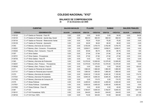 226
COLEGIO NACIONAL "XYZ"
BALANCE DE COMPROBACION
Al 31 de Diciembre del 2005
SALDOS INICIALES
CÓDIGO DENOMINACIÓN DÉBITOS CRÉDITOS
SALDOS FINALES
DEUDORDEUDOR ACREEDOR
FLUJOS
DÉBITOS
SUMASCUENTAS
ACREEDORCRÉDITOS
0.00 34.000.00 0.00 0.00 34.000.00C x P Gastos en Personal - Fisco IR2135102 34.00
682.53 682.530.00 0.00 0.00 0.00682.53C x P Gastos en Personal - Aporte Seg. Social2135103 682.53
75.25 75.250.00 0.00 0.00 0.0075.25C x P Gastos en Personal - Retenciones Varias2135104 75.25
36.00 36.000.00 0.00 0.00 0.0036.00C x P Gastos en Personal - Asociación2135105 36.00
3,702.95 3,704.750.00 0.00 0.00 1.803,702.95C x P Bienes y Servicios de Consumo21353 3,704.75
3,638.01 3,638.010.00 0.00 0.00 0.003,638.01C x P Bienes y Serv. Consumo - Proveedores2135301 3,638.01
64.94 66.740.00 0.00 0.00 1.8064.94C x P Bienes y Serv. Consumo - Fisco IR2135302 66.74
27.94 27.940.00 0.00 0.00 0.0027.94C x P Otros Gastos21357 27.94
27.92 27.920.00 0.00 0.00 0.0027.92C x P Otros Gastos - Proveedores2135701 27.92
0.02 0.020.00 0.00 0.00 0.000.02C x P Otros Gastos - Fisco IR2135702 0.02
12,375.00 12,500.000.00 0.00 0.00 125.0012,375.00C x P Bienes y Servicios de Producción21363 12,500.00
12,375.00 12,375.000.00 0.00 0.00 0.0012,375.00C x P Bienes y Serv. Producc. - Proveedores2136301 12,375.00
0.00 125.000.00 0.00 0.00 125.000.00C x P Bienes y Serv. Producc. Fisco IR2136302 125.00
1,560.00 1,560.000.00 0.00 0.00 0.001,560.00C x P Gastos en Personal de Inversión21371 1,560.00
1,560.00 1,560.000.00 0.00 0.00 0.001,560.00C x P Gastos en Personal para Inversión -2137101 1,560.00
6,945.30 7,120.000.00 0.00 0.00 174.706,945.30C x P Bienes y Servicios de Inversión21373 7,120.00
6,945.30 6,945.300.00 0.00 0.00 0.006,945.30C x P Bienes y Servicios Proveedores2137301 6,945.30
0.00 174.700.00 0.00 0.00 174.700.00C x P Bienes y Servicios de Consumo IR2137302 174.70
4,455.00 4,500.000.00 0.00 0.00 45.004,455.00C x P Obras Públicas21375 4,500.00
4,455.00 4,455.000.00 0.00 0.00 0.004,455.00C x P Obras Públicas - Contratistas2137501 4,455.00
0.00 45.000.00 0.00 0.00 45.000.00C x P Obras Públicas - Fisco IR2137502 45.00
3,792.67 5,640.430.00 0.00 0.00 1,847.763,792.67C x P IVA21381 5,640.43
244.63 244.630.00 0.00 0.00 0.00244.63C x P IVA Proveedores 100%2138101 244.63
72.00 303.000.00 0.00 0.00 231.0072.00C x P IVA Fisco 100%2138102 303.00
 