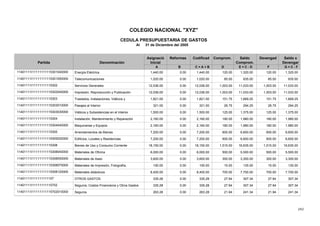 242
COLEGIO NACIONAL "XYZ"
CEDULA PRESUPUESTARIA DE GASTOS
Al 31 de Diciembre del 2005
Reformas CodificadAsignació
Denominación
Devengad Saldo xSaldoComprom.
Partida Inicial Comprom. Devengar
A B C = A + B D E = C - D F G = C - F
120.001,440.000.001,440.00Energía Eléctrica 1,320.00120.001,320.0011401111I11111111115301040000
85.001,020.000.001,020.00Telecomunicaciones 935.0085.00935.0011401111I11111111115301050000
1,003.0012,036.000.0012,036.00Servicios Generales 11,033.001,003.0011,033.0011401111I11111111115302
1,003.0012,036.000.0012,036.00Impresión, Reproducción y Publicación 11,033.001,003.0011,033.0011401111I11111111115302040000
151.751,821.000.001,821.00Traslados, Instalaciones, Viáticos y 1,669.25151.751,669.2511401111I11111111115303
26.75321.000.00321.00Pasajes al Interior 294.2526.75294.2511401111I11111111115303010000
125.001,500.000.001,500.00Viáticos y Subsistencias en el Interior 1,375.00125.001,375.0011401111I11111111115303030000
180.002,160.000.002,160.00Instalación, Mantenimiento y Reparación 1,980.00180.001,980.0011401111I11111111115304
180.002,160.000.002,160.00Maquinarias y Equipos 1,980.00180.001,980.0011401111I11111111115304040000
600.007,200.000.007,200.00Arrendamientos de Bienes 6,600.00600.006,600.0011401111I11111111115305
600.007,200.000.007,200.00Edificios, Locales y Residencias 6,600.00600.006,600.0011401111I11111111115305020000
1,515.0018,150.000.0018,150.00Bienes de Uso y Consumo Corriente 16,635.001,515.0016,635.0011401111I11111111115308
500.006,000.000.006,000.00Materiales de Oficina 5,500.00500.005,500.0011401111I11111111115308040000
300.003,600.000.003,600.00Materiales de Aseo 3,300.00300.003,300.0011401111I11111111115308050000
15.00150.000.00150.00Materiales de Impresión, Fotografía, 135.0015.00135.0011401111I11111111115308070000
700.008,400.000.008,400.00Materiales didácticos 7,700.00700.007,700.0011401111I11111111115308120000
27.94335.280.00335.28OTROS GASTOS 307.3427.94307.3411401111I111111111157
27.94335.280.00335.28Seguros, Costos Financieros y Otros Gastos 307.3427.94307.3411401111I11111111115702
21.94263.280.00263.28Seguros 241.3421.94241.3411401111I11111111115702010000
 