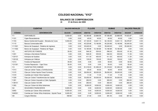 132
COLEGIO NACIONAL "XYZ"
BALANCE DE COMPROBACION
Al 31 de Enero del 2005
SALDOS INICIALES
CÓDIGO DENOMINACIÓN DÉBITOS CRÉDITOS
SALDOS FINALES
DEUDORDEUDOR ACREEDOR
FLUJOS
DÉBITOS
SUMASCUENTAS
ACREEDORCRÉDITOS
92,390.86 22,866.995,000.00 0.00 74,523.87 0.0097,390.86DISPONIBLES111 22,866.99
45.00 45.000.00 0.00 0.00 0.0045.00Cajas Recaudadoras11101 45.00
47,120.00 12,641.135,000.00 0.00 39,478.87 0.0052,120.00Banco Central del Ecuador - Moneda de Curso11103 12,641.13
45,225.86 10,180.860.00 0.00 35,045.00 0.0045,225.86Bancos Comerciales M/N11115 10,180.86
35,045.00 0.000.00 0.00 35,045.00 0.0035,045.00Banco de Guayaquil - Rotativa de Ingresos1111501 0.00
10,180.86 10,180.860.00 0.00 0.00 0.0010,180.86Banco de Guayaquil - Rotativa de Pagos1111502 10,180.86
546.30 535.0050.00 0.00 61.30 0.00596.30ANTICIPO DE FONDOS112 535.00
546.30 535.000.00 0.00 11.30 0.00546.30Anticipo a Servidores Públicos11201 535.00
411.30 400.000.00 0.00 11.30 0.00411.30Anticipos de Sueldos1120101 400.00
135.00 135.000.00 0.00 0.00 0.00135.00Anticipos por Viáticos1120102 135.00
0.00 0.0050.00 0.00 50.00 0.0050.00Fondos de Reposición11213 0.00
0.00 0.0050.00 0.00 50.00 0.0050.00Fondos Reposición - Caja Chica1121301 0.00
81,318.93 81,056.300.00 0.00 262.63 0.0081,318.93CUENTAS POR COBRAR113 81,056.30
45.00 45.000.00 0.00 0.00 0.0045.00Ctas por cobrar Tasas y Contribuciones11313 45.00
38,000.00 38,000.000.00 0.00 0.00 0.0038,000.00Ctas por Cobrar Aporte Fiscal Corriente11315 38,000.00
11.30 11.300.00 0.00 0.00 0.0011.30Cuentas por Cobrar Otros Ingresos11319 11.30
35,000.00 35,000.000.00 0.00 0.00 0.0035,000.00Ctas por Cobrar Transferencias de Capital11328 35,000.00
262.63 0.000.00 0.00 262.63 0.00262.63Ctas por Cobrar Impuesto al Valor Agregado11381 0.00
262.63 0.000.00 0.00 262.63 0.00262.63Ctas por Cobrar IVA SRI1138101 0.00
8,000.00 8,000.000.00 0.00 0.00 0.008,000.00Ctas por Cobrar de Años Anteriores11383 8,000.00
0.00 8,000.008,000.00 0.00 0.00 0.008,000.00DEUDORES FINANCIEROS124 8,000.00
0.00 8,000.008,000.00 0.00 0.00 0.008,000.00Cuentas por Cobrar Años anteriores12483 8,000.00
0.00 8,000.008,000.00 0.00 0.00 0.008,000.00Cuentas por Cobrar Años Anteriores - Aporte Fiscal1248301 8,000.00
21.94 0.00359.60 0.00 381.54 0.00381.54Cargos Diferidos125 0.00
 