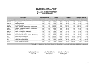 136
COLEGIO NACIONAL "XYZ"
BALANCE DE COMPROBACION
Al 31 de Enero del 2005
SALDOS INICIALES
CÓDIGO DENOMINACIÓN DÉBITOS CRÉDITOS
SALDOS FINALES
DEUDORDEUDOR ACREEDOR
FLUJOS
DÉBITOS
SUMASCUENTAS
ACREEDORCRÉDITOS
120.00 0.000.00 0.00 120.00 0.00120.00Energía Eléctrica6340104 0.00
85.00 0.000.00 0.00 85.00 0.0085.00Telecomunicaciones6340105 0.00
1,000.00 0.000.00 0.00 1,000.00 0.001,000.00Servicios Generales63402 0.00
1,000.00 0.000.00 0.00 1,000.00 0.001,000.00Edición, Impresión, Reproducción y Publicaciones6340204 0.00
145.00 0.000.00 0.00 145.00 0.00145.00Traslados, Instalaciones, Viáticos y Subsistencias63403 0.00
20.00 0.000.00 0.00 20.00 0.0020.00Pasajes al Interior6340301 0.00
125.00 0.000.00 0.00 125.00 0.00125.00Viáticos y Subsistencias en el Interior6340303 0.00
600.00 0.000.00 0.00 600.00 0.00600.00Arrendamientos de Bienes63405 0.00
600.00 0.000.00 0.00 600.00 0.00600.00Arrendamientos de Edificios, Locales y Residencias6340502 0.00
1,500.00 45.000.00 0.00 1,455.00 0.001,500.00Cuentas de Orden Deudoras911 45.00
1,500.00 45.000.00 0.00 1,455.00 0.001,500.00Especies valoradas emitidas91107 45.00
45.00 1,500.000.00 0.00 0.00 1,455.0045.00Cuentas de Orden Acreedoras921 1,500.00
45.00 1,500.000.00 0.00 0.00 1,455.0045.00Emisión de especies valoradas92107 1,500.00
TOTALES 224,014.24 224,014.24 292,563.03 292,563.03218,997.81 218,997.81 443,012.05 443,012.05
Lcda. Carmen RamosIng. Santiago Cisneros
CONTADORRECTOR
Lcdo. Pedro Cifuentes
COLECTOR
 