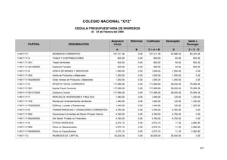 187
COLEGIO NACIONAL "XYZ"
CEDULA PRESUPUESTARIA DE INGRESOS
Al 28 de Febrero del 2005
PARTIDA DENOMINACION
CodificadoAsignació Saldo xReformas Devengado
Inicial Devengar
A B C = A + B D E = C - D
INGRESOS CORRIENTES 127,311.36 0.00 127,311.36 43,986.30 83,325.06114011111
TASAS Y CONTRIBUCIONES 900.00 0.00 900.00 45.00 855.001140111113
Tasas Generales 900.00 0.00 900.00 45.00 855.00114011111301
Especies Fiscales 900.00 0.00 900.00 45.00 855.00114011111301060000
VENTA DE BIENES Y SERVICIOS 1,050.00 0.00 1,050.00 1,050.00 0.001140111114
Venta de Productos y Materiales 1,050.00 0.00 1,050.00 1,050.00 0.00114011111402
Otras Ventas de Productos y Materiales 1,050.00 0.00 1,050.00 1,050.00 0.00114011111402990000
APORTE FISCAL CORRIENTE 117,089.26 0.00 117,089.26 38,000.00 79,089.261140111115
Aporte Fiscal Corriente 117,089.26 0.00 117,089.26 38,000.00 79,089.26114011111501
Gobierno Central 117,089.26 0.00 117,089.26 38,000.00 79,089.26114011111501010000
RENTAS DE INVERSIONES Y MULTAS 1,440.00 0.00 1,440.00 120.00 1,320.001140111117
Rentas por Arrendamientos de Bienes 1,440.00 0.00 1,440.00 120.00 1,320.00114011111702
Edificios, Locales y Residencias 1,440.00 0.00 1,440.00 120.00 1,320.00114011111702020000
TRANSFERENCIAS Y DONACIONES CORRIENTES 4,760.00 0.00 4,760.00 4,760.00 0.001140111118
Donaciones Corrientes del Sector Privado Interno 4,760.00 0.00 4,760.00 4,760.00 0.00114011111802
Del Sector Privado no Financiero 4,760.00 0.00 4,760.00 4,760.00 0.00114011111802040000
OTROS INGRESOS 2,072.10 0.00 2,072.10 11.30 2,060.801140111119
Otros no Operacionales 2,072.10 0.00 2,072.10 11.30 2,060.80114011111904
Otros no Especificados 2,072.10 0.00 2,072.10 11.30 2,060.80114011111904990000
INGRESOS DE CAPITAL 35,000.00 0.00 35,000.00 35,000.00 0.00114011112
 