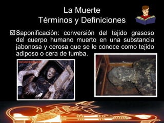 En esencia estaremos desarrollando los tipos de muerte y los cambios asociados para que el embalsamador pueda interpretar las señales que le ofrece el cadáver para después ejecutar el proceso de conservación de tejidos.Derechos de AutorReservados © Richard C. Concepción Castro 2008