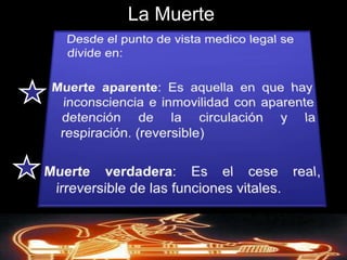 Estertor de la muerte: es un sonido que ocasionalmente es emitido por el moribundo que ocurre según el aire es forzado a través de la acumulación mocosa dentro del conducto respiratorio Derechos de AutorReservados © Richard C. Concepción Castro 2008