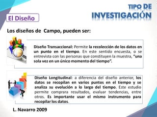 El Diseño
Los diseños de Campo, pueden ser:
L. Navarro 2009
 