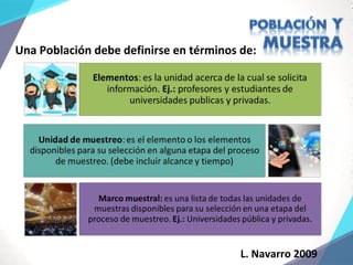 L. Navarro 2009
Una Población debe definirse en términos de:
 