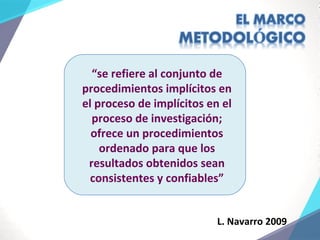 L. Navarro 2009
“se refiere al conjunto de
procedimientos implícitos en
el proceso de implícitos en el
proceso de investigación;
ofrece un procedimientos
ordenado para que los
resultados obtenidos sean
consistentes y confiables”
 