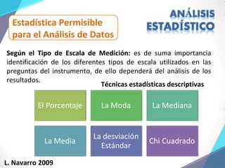 Estadística Permisible
para el Análisis de Datos
Según el Tipo de Escala de Medición: es de suma importancia
identificación de los diferentes tipos de escala utilizados en las
preguntas del instrumento, de ello dependerá del análisis de los
resultados.
Técnicas estadísticas descriptivas
L. Navarro 2009
 
