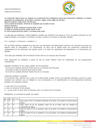 LOGICA MATEMATICA
Ingeniería de Sistemas
Nit. 800.247.940-1 Sede Mocoa: “Aire Libre” Barrio Luis Carlos Galán Teléfonos: 4200922 - 4201206 - 4296105
Subsede Sibundoy: Vía al Canal C – Granja Versalles Teléfono: 310 243 4689
Email: itputumayo@itp.edu.co
www.itp.edu.co
La implicación lógica tiene sus orígenes en la aplicación de la inteligencia social ante situaciones cotidianas, en nuestra
capacidad de comportarnos de acuerdo a normas y reglas, estas reglas son del tipo:
Bajo tal condición, debe ocurrir tal otra cosa
Si se cumplió tal requisito, entonces es aceptado que suceda tal cosa
Algunos ejemplos:
Si pague por el pan entonces lo puedo llevar a casa
Si tengo mi entrada entonces puedo entrar al cine
Si corto el pasto entonces puedo ir a la fiesta esta noche
La regla deja de respetarse, cuando habiendo cumplido una condición ("me saqué un 10 en mi examen semanal") se nos
niega el beneficio ("no puedo ir a la fiesta"), es decir, cuando no se obtuvo el resultado deseado.
Si << condición >> Entonces << beneficio >>
Por tal motivo podemos asegurar que para que una implicación sea lógicamente correcta no es necesario que haya una
relación entre el antecedente y el consecuente, es decir que la verdad entre una proposición condicional es
independiente de las relaciones que puedan existir o no entre los significados del antecedente y el consecuente, por
ejemplo:
“Si la tierra gira alrededor del sol entonces Puerto Asís es un municipio del Putumayo”.
Esta proposición es verdadera a pesar de que no existe relación entre los significados de sus proposiciones
componentes.
Ejemplos ilustrativos de los cuales, podrían ser los siguientes:
· Si la Luna es redonda entonces Puerto Asís es un municipio del Putumayo.
· Si la nieve es blanca entonces Bruto mató a César.
· Si la luna es cuadrada entonces Puerto Asís es un municipio.
Veámoslo mediante un ejemplo:
Si nos fijamos bien, veremos que a Juan no le están dando a elegir como en los ejemplos anteriores, esta vez le están
poniendo una condición que se reflejará en una consecuencia, si lo ejemplificamos en dos proposiciones atómicas
quedaría de la siguiente manera:
p: Juan saca 10 en su examen.
q: Juan va al antro el fin de semana.
p → q que se lee “Si Juan saca 10 entonces Juan va al antro el fin de semana”.
Reflejándolo en una tabla de verdad nos queda:
p q p → q
v v v Juan saca 10 en su examen entonces va al antro, se cumple la consecuencia
lógica.
v f f Juan saca 10 en su examen, pero no va al antro, NO se cumple la
consecuencia lógica.
f v v Juan no saca 10 en su examen, pero va al antro, se cumple la consecuencia
lógica.
f f v Juan no saca 10 en su examen y no va al antro, se cumple la consecuencia
lógica.
 