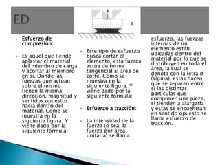 Esfuerzo de
compresión:
 Es aquel que tiende
aplastar el material
del miembro de carga
y acortar al miembro
en sí. Donde las
fuerzas que actúan
sobre el mismo
tienen la misma
dirección, magnitud y
sentidos opuestos
hacia dentro del
material. Como se
muestra en la
siguiente figura. Y
viene dado por la
siguiente fórmula:
 Esfuerzo cortante:
 Este tipo de esfuerzo
busca cortar el
elemento, esta fuerza
actúa de forma
tangencial al área de
corte. Como se
muestra en la
siguiente figura. Y
viene dado por la
siguiente fórmula:
 Esfuerzo a tracción:
 La intensidad de la
fuerza (o sea, la
fuerza por área
unitaria) se llama
esfuerzo, las fuerzas
internas de un
elemento están
ubicadas dentro del
material por lo que se
distribuyen en toda el
área, la cual se
denota con la letra σ
(sigma), estas hacen
que se separen entre
si las distintas
partículas que
componen una pieza,
si tienden a alargarla
y estas se encuentran
en sentido opuesto se
llama esfuerzo de
tracción.
 