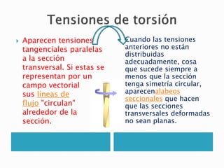  Aparecen tensiones
tangenciales paralelas
a la sección
transversal. Si estas se
representan por un
campo vectorial
sus líneas de
flujo "circulan"
alrededor de la
sección.
 Cuando las tensiones
anteriores no están
distribuidas
adecuadamente, cosa
que sucede siempre a
menos que la sección
tenga simetría circular,
aparecenalabeos
seccionales que hacen
que las secciones
transversales deformadas
no sean planas.
 