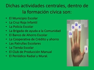 Dichas actividades centrales, dentro de
        la formación cívica son:
•   El Municipio Escolar
•   La Cruz Roja Infantil
•   La Policía Escolar
•   La Brigada de ayuda a la Comunidad
•   El Banco de Ahorro Escolar
•   La Cooperativa de Crédito y ahorro
•   Las Patrullas Escolares
•   La Tienda Escolar
•   El Club de Producción Manual
•   El Periódico Radial y Mural.
 