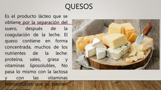 QUESOS
Es el producto lácteo que se
obtiene por la separación del
suero, después de la
coagulación de la leche. El
queso contiene en forma
concentrada, muchos de los
nutrientes de la leche:
proteína, sales, grasa y
vitaminas liposolubles, No
pasa lo mismo con la lactosa
y con las vitaminas
hidrosolubles que se pierden
 