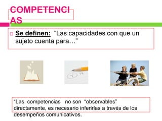 COMPETENCI
AS
   Se definen: “Las capacidades con que un
    sujeto cuenta para…”




    “Las competencias no son “observables”
    directamente, es necesario inferirlas a través de los
    desempeños comunicativos.
 