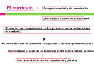 El currículo                   Se organiza alrededor de competencias.



                                    ¿Fortalecidas a través de qué proceso?



   “Privilegiar las competencias y los procesos como orientadores
   del currículo”


                                   ≠
“No quiere decir que los contenidos conceptuales o teóricos queden excluidos o r


     Redimensionar el papel de los contenidos dentro de las prácticas curricular



             Avanzar en el desarrollo de competencias y procesos
 