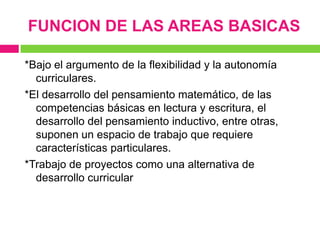 FUNCION DE LAS AREAS BASICAS

*Bajo el argumento de la flexibilidad y la autonomía
  curriculares.
*El desarrollo del pensamiento matemático, de las
  competencias básicas en lectura y escritura, el
  desarrollo del pensamiento inductivo, entre otras,
  suponen un espacio de trabajo que requiere
  características particulares.
*Trabajo de proyectos como una alternativa de
  desarrollo curricular
 
