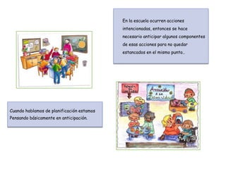 En la escuela ocurren acciones
                                           intencionadas, entonces se hace
                                           necesario anticipar algunos componentes
                                           de esas acciones para no quedar
                                           estancados en el mismo punto..




Cuando hablamos de planificación estamos
Pensando básicamente en anticipación.
 