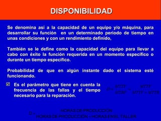 DISPONIBILIDAD
Se denomina así a la capacidad de un equipo y/o máquina, para
desarrollar su función en un determinado periodo de tiempo en
unas condiciones y con un rendimiento definido,
También se le define como la capacidad del equipo para llevar a
cabo con éxito la función requerida en un momento específico o
durante un tiempo específico.
Probabilidad de que en algún instante dado el sistema esté
funcionando.
 Es el parámetro que tiene en cuenta la
frecuencia de las fallas y el tiempo
necesario para la reparación.

D=

D=

MTTF
MTTF
=
MTBF MTTF + MTTR

HORAS DE PRODUCCIÓN
HORAS DE PRODUCCIÓN + HORAS EN EL TALLER

 
