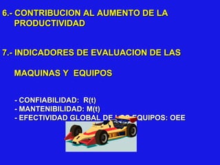 6.- CONTRIBUCION AL AUMENTO DE LA
PRODUCTIVIDAD
7.- INDICADORES DE EVALUACION DE LAS
MAQUINAS Y EQUIPOS
- CONFIABILIDAD: R(t)
- MANTENIBILIDAD: M(t)
- EFECTIVIDAD GLOBAL DE LOS EQUIPOS: OEE

 