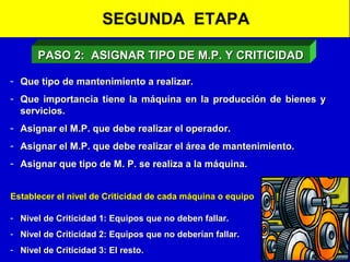SEGUNDA ETAPA
PASO 2: ASIGNAR TIPO DE M.P. Y CRITICIDAD
- Que tipo de mantenimiento a realizar.
- Que importancia tiene la máquina en la producción de bienes y
servicios.
- Asignar el M.P. que debe realizar el operador.
- Asignar el M.P. que debe realizar el área de mantenimiento.
- Asignar que tipo de M. P. se realiza a la máquina.
Establecer el nivel de Criticidad de cada máquina o equipo
- Nivel de Criticidad 1: Equipos que no deben fallar.
- Nivel de Criticidad 2: Equipos que no deberían fallar.
- Nivel de Criticidad 3: El resto.

 