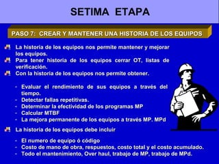 SETIMA ETAPA
PASO 7: CREAR Y MANTENER UNA HISTORIA DE LOS EQUIPOS
La historia de los equipos nos permite mantener y mejorar
los equipos.
Para tener historia de los equipos cerrar OT, listas de
verificación.
Con la historia de los equipos nos permite obtener.
- Evaluar el rendimiento de sus equipos a través del
tiempo.
- Detectar fallas repetitivas.
- Determinar la efectividad de los programas MP
- Calcular MTBF
- La mejora permanente de los equipos a través MP. MPd
La historia de los equipos debe incluir
- El numero de equipo ó código
- Costo de mano de obra, respuestos, costo total y el costo acumulado.
- Todo el mantenimiento, Over haul, trabajo de MP, trabajo de MPd.

 