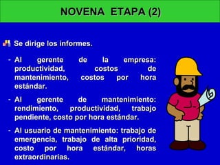 NOVENA ETAPA (2)
Se dirige los informes.
- Al
gerente
productividad,
mantenimiento,
estándar.

de

la
empresa:
costos
de
costos
por
hora

- Al
gerente
de
mantenimiento:
rendimiento,
productividad,
trabajo
pendiente, costo por hora estándar.
- Al usuario de mantenimiento: trabajo de
emergencia, trabajo de alta prioridad,
costo por hora estándar, horas
extraordinarias.

 