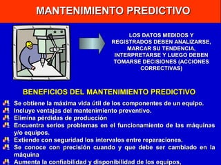 MANTENIMIENTO PREDICTIVO
LOS DATOS MEDIDOS Y
REGISTRADOS DEBEN ANALIZARSE,
MARCAR SU TENDENCIA,
INTERPRETARSE Y LUEGO DEBEN
TOMARSE DECISIONES (ACCIONES
CORRECTIVAS)

BENEFICIOS DEL MANTENIMIENTO PREDICTIVO
Se obtiene la máxima vida útil de los componentes de un equipo.
Incluye ventajas del mantenimiento preventivo.
Elimina pérdidas de producción
Encuentra serios problemas en el funcionamiento de las máquinas
y/o equipos.
Extiende con seguridad los intervalos entre reparaciones.
Se conoce con precisión cuando y que debe ser cambiado en la
máquina
Aumenta la confiabilidad y disponibilidad de los equipos,

 