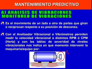 MANTENIMIENTO PREDICTIVO

Es el movimiento de un lado a otro de partes que giran
o reciprocan respecto a su posición de descanso.
Con el Analizador Vibracional o Vibrómetros permiten
medir la velocidad vibracional a distintos RPM ó CPM
(Hertz) y con las tablas de severidad de niveles
vibracionales nos indica en que momento intervenir la
maquinaria/equipo por:

fn

 