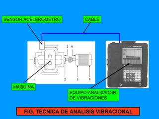 SENSOR ACELEROMETRO

CABLE

MAQUINA
EQUIPO ANALIZADOR
DE VIBRACIONES

FIG. TECNICA DE ANALISIS VIBRACIONAL

 