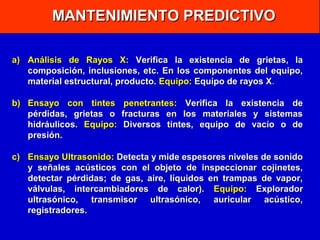 MANTENIMIENTO PREDICTIVO
a) Análisis de Rayos X: Verifica la existencia de grietas, la
composición, inclusiones, etc. En los componentes del equipo,
material estructural, producto. Equipo: Equipo de rayos X.
b) Ensayo con tintes penetrantes: Verifica la existencia de
pérdidas, grietas o fracturas en los materiales y sistemas
hidráulicos. Equipo: Diversos tintes, equipo de vacío o de
presión.
c) Ensayo Ultrasonido: Detecta y mide espesores niveles de sonido
y señales acústicos con el objeto de inspeccionar cojinetes,
detectar pérdidas; de gas, aire, líquidos en trampas de vapor,
válvulas, intercambiadores de calor). Equipo: Explorador
ultrasónico, transmisor ultrasónico, auricular acústico,
registradores.

 