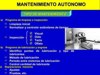 MANTENIMIENTO AUTONOMO
TIPO DE MANTENIMIENTO
a)

Programa de limpieza e inspección:

 Limpieza inicial
 Normalizar y controlar estándares de tiempo
 Inspección






Visual
Oído
Tacto
Olfato

b) Programa de lubricación y engrase

c)

 Identifica puntos de lubricación y tipo de
lubricantes.
 Método de lubricación
 Periodo entre sistemas de lubricación
 Control cantidad de lubricante
Reparaciones menores

 Ajustes
 Pruebas, etc.

 