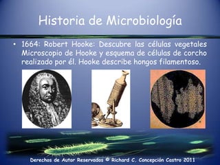 Historia de Microbiología1664: Robert Hooke: Descubre las células vegetales Microscopio de Hooke y esquema de células de corcho realizado por él. Hooke describe hongos filamentoso.