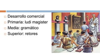    Desarrollo comercial
   Primaria: ludi magister
   Media: gramático
   Superior: retores
 
