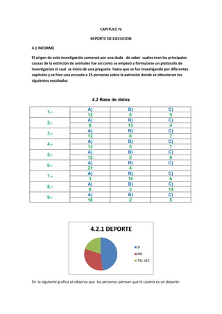 CAPITULO IV<br />REPORTE DE EJECUCION<br />4.1 INFORME<br />El origen de esta investigación comenzó por una duda   de saber  cuales eran las principales causas de la extinción de animales fue así como se empezó a formularse un protocolo de investigación el cual  se inicio de una pregunta  hasta que se fue investigando por diferentes  capítulos y se hizo una encueta a 25 personas sobre la extinción donde se obtuvieron los siguientes resultados<br />4.2 Base de datos<br />1.-A)B)C)12852.-A)B)C)81343.-A)B)C)12674.-A)B)C)13575.-A)B)C)12586.-A)B)C)2147.-A)B)C)31668.-A)B)C)83149.-A)B)C)1825<br />En  la siguiente grafica se observa que  las personas piensan que la cacería es un deporte<br />En la siguiente grafica se observa que la mayoría de las personas no conocen apersonas que cazan animales<br />La mayoría de las personas piensan que las personas que cazan animales por la venta de su piel<br />En esta grafica se  puede observar que la mayoría de las personas piensan que las personas que cazan animales  por vender su carne.<br />La mayoría de las personas dicen que ellos no matarían a un animal  para adornar su casa<br />La mayoría de las personas piensan que ya quedan muy pocos animales<br /> La mayoría  de las personas piensa que los animales ya no se ven frecuentemente<br />La mayoría de las personas  dice que no conoce cuales son las principales especies en extinción solo c conoce algunas<br />En la siguiente grafica se pude observar que los animales solo se pueden ver en zoológicos<br />4.3 Validez De La Hipótesis<br />En base a los resultados obtenidos en la siguiente grafica se llega a la siguiente conclusión<br />Se acepta la hipótesis de trabajo y se rechaza la nula, por lo tanto la cacería es la principal causa de la extinción de animales <br />