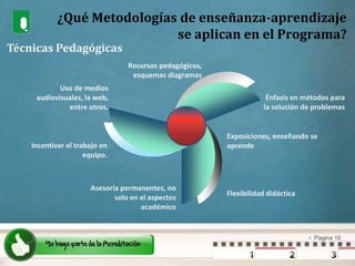 ¿Qué Metodologías de enseñanza-aprendizaje se aplican en el Programa?Técnicas PedagógicasRecursos pedagógicos, esquemas diagramas Uso de medios audiovisuales, la web, entre otros.Énfasis en métodos para la solución de problemasExposiciones, enseñando se aprendeIncentivar el trabajo en equipo.Asesoría permanentes, no solo en el aspectos académicoFlexibilidad didáctica