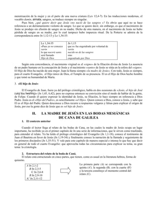 menstruación de la mujer y en el parto de una nueva criatura (Lev 12,4-7). En las traducciones modernas, el
vocablo damín, aimata, sangres, se traduce siempre en singular.
      Pues bien, ¿qué quiere decir que Jesús «no nació de las sangres »? Es obvio que aquí no se hace
referencia a un derramamiento violento de sangre. Lo que se quiere decir, sin embargo, es que el nacimiento de
Jesús se produjo sin efusión de sangre en su madre. Dicho de otra manera, en el nacimiento de Jesús no hubo
pérdida de sangre en su madre, por lo cual tampoco hubo impureza ritual. De la Potterie se admira de la
correspondencia entre Jn 1,12-13 y Le 1,34-35:

                       Le 1,34-35               Jn 1,13
                       «Pues yo no conozco      que no fue engendrado por voluntad de
                       varón                    varón
                       lo que nacerá santo      nacido no de las sangres
                       será llamado             sino
                       Hijo de Dios             engendrado por Dios

      Según esta concordancia, el nacimiento virginal es el «signo» de la filiación divina de Jesús La ausencia
de un padre humano en la concepción de Jesús y el nacimiento «santo» de Jesús se sitúa en la esfera del «signo».
El Hijo de Dios ha nacido de una mujer. Juan la llama siempre «la madre de Jesús». Con todo, Jesús es siempre,
para el cuarto Evangelio, el Hijo único de Dios, el Templo de su presencia. El es el Hijo de Dios hecho hombre
y que tomó su humanidad de María.

3. «El hijo de José»

       El Evangelio de Juan, fuera ya del prólogo cristológico, habla en dos ocasiones de «Jesús, el hijo de José
(uioj tou Iwshhq)» (Jn 1,45, 6,42), pero no expresa entonces su convicción sino el modo de hablar de la gente,
de Felipe. Cuando él quiere expresar la identidad de Jesús, su filiación, lo hace siempre en referencia a Dios
Padre. Jesús es el «Hijo del Padre», es sencillamente «el Hijo». Quien conoce a Dios, conoce a Jesús, y sabe que
El es el Hijo del Padre. Quien desconoce a Dios recurre a respuestas vulgares y falsas para explicar el origen de
Jesús, por eso la gente dice de Jesús que es «el hijo de José».

               II.      LA MADRE DE JESÚS EN LAS BODAS MESIÁNICAS
                               DE CANA DE GALILEA
      1. El contexto anterior

       Cuando el lector llega al relato de las bodas de Cana, en las cuales la madre de Jesús ocupa un lugar
importante, ha recibido ya en el primer capítulo de Jn una serie de informaciones, que le sirven como trasfondo,
para entender el relato. Ya ha leído el prólogo cristológico del Evangelio (Jn 1,1-18), conoce el testimonio de
Juan el Bautista en favor de Jesús (Jn 1,19-34) y finalmente conoce la narración de la llamada y seguimiento de
los primeros discípulos (Jn 1,35-51). Y vale para este capítulo de manera especial e intensa lo que hay que decir
en general de todo el cuarto Evangelio: que aprovecha todas las circunstancias para explicar su tema, su gran
tema: la cristología.

      2. Estructura del relato de la boda de Caná.
      El relato está estructurado en cinco partes, que tienen, como es usual en la literatura hebrea, forma de
quiasmo.
          A Jn 2,1-2                                       La primera parte (A) se corresponde con la
             B Jn 2,3-5                                    quinta (A'), la segunda (B), con la cuarta (B')
               C Jn 2,6-8                                  y la tercera constituye el momento central del
             B Jn 2,9-10                                   relato (C).
          A’ Jn 2,11-12
 