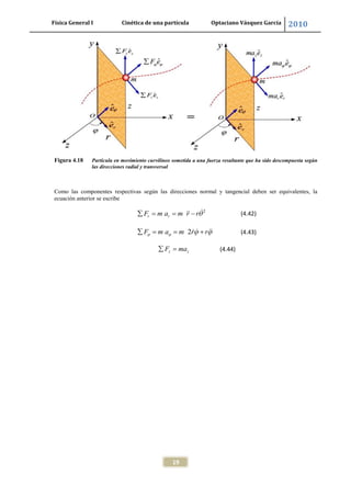Física General I Cinética de una partícula Optaciano Vásquez García 2010
19
Figura 4.18 Partícula en movimiento curvilíneo sometida a una fuerza resultante que ha sido descompuesta según
las direcciones radial y transversal
Como las componentes respectivas según las direcciones normal y tangencial deben ser equivalentes, la
ecuación anterior se escribe
2
r rF m a m r r (4.42)
2F m a m r r (4.43)
z zF ma (4.44)
 