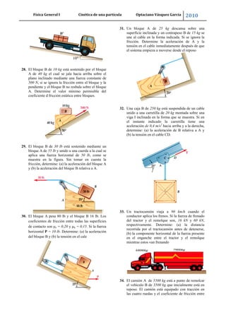 Física General I Cinética de una partícula Optaciano Vásquez García 2010
56
28. El bloque B de 10 kg está sostenido por el bloque
A de 40 kg el cual se jala hacia arriba sobre el
plano inclinado mediante una fuerza constante de
500 N, si se ignora la fricción entre el bloque y la
pendiente y el bloque B no resbala sobre el bloque
A. Determine el valor mínimo permisible del
coeficiente d fricción estática entre bloques.
29. El bloque B de 30 lb está sostenido mediante un
bloque A de 55 lb y unido a una cuerda a la cual se
aplica una fuerza horizontal de 50 lb, como se
muestra en la figura. Sin tomar en cuenta la
fricción, determine: (a) la aceleración del bloque A
y (b) la aceleración del bloque B relativa a A.
30. El bloque A pesa 80 lb y el bloque B 16 lb. Los
coeficientes de fricción entre todas las superficies
de contacto son s = 0,20 y k = 0,15. Si la fuerza
horizontal P = 10 lb. Determine: (a) la aceleración
del bloque B y (b) la tensión en el cale
31. Un bloque A de 25 kg descansa sobre una
superficie inclinada y un contrapeso B de 15 kg se
une al cable en la forma indicada. Si se ignora la
fricción. Determine la aceleración de A y la
tensión en el cable inmediatamente después de que
el sistema empieza a moverse desde el reposo
32. Una caja B de 250 kg está suspendida de un cable
unido a una carretilla de 20 kg montada sobre una
viga I inclinada en la forma que se muestra. Si en
el instante indicado la carretilla tiene una
aceleración de 0,4 m/s2
hacia arriba y a la derecha,
determine: (a) la aceleración de B relativa a A y
(b) la tensión en el cable CD.
33. Un tractocamión viaja a 90 km/h cuando el
conductor aplica los frenos. Si la fuerza de frenado
del tractor y el remolque son, 16 kN y 60 kN,
respectivamente. Determine: (a) la distancia
recorrida por el tractocamión antes de detenerse,
(b) la componente horizontal de la fuerza presente
en el enganche entre el tractor y el remolque
mientras estos van frenando
34. El camión A de 5500 kg está a punto de remolcar
el vehículo B de 3500 kg que inicialmente está en
reposo. El camión está equipado con tracción en
las cuatro ruedas y el coeficiente de fricción entre
 