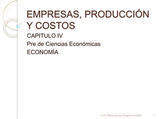 EMPRESAS, PRODUCCIÓN
Y COSTOS
CAPITULO IV
Pre de Ciencias Económicas
ECONOMÍA
Prof. María de los Ángeles Castillo 1
 