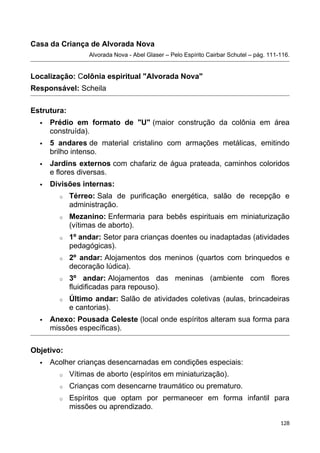 Casa da Criança de Alvorada Nova
Alvorada Nova - Abel Glaser – Pelo Espírito Cairbar Schutel – pág. 111-116.
Localização: Colônia espiritual "Alvorada Nova"
Responsável: Scheila
Estrutura:
 Prédio em formato de "U" (maior construção da colônia em área
construída).
 5 andares de material cristalino com armações metálicas, emitindo
brilho intenso.
 Jardins externos com chafariz de água prateada, caminhos coloridos
e flores diversas.
 Divisões internas:
o Térreo: Sala de purificação energética, salão de recepção e
administração.
o Mezanino: Enfermaria para bebês espirituais em miniaturização
(vítimas de aborto).
o 1º andar: Setor para crianças doentes ou inadaptadas (atividades
pedagógicas).
o 2º andar: Alojamentos dos meninos (quartos com brinquedos e
decoração lúdica).
o 3º andar: Alojamentos das meninas (ambiente com flores
fluidificadas para repouso).
o Último andar: Salão de atividades coletivas (aulas, brincadeiras
e cantorias).
 Anexo: Pousada Celeste (local onde espíritos alteram sua forma para
missões específicas).
Objetivo:
 Acolher crianças desencarnadas em condições especiais:
o Vítimas de aborto (espíritos em miniaturização).
o Crianças com desencarne traumático ou prematuro.
o Espíritos que optam por permanecer em forma infantil para
missões ou aprendizado.
128
 