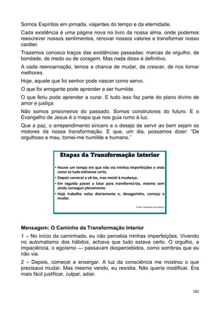 Somos Espíritos em jornada, viajantes do tempo e da eternidade.
Cada existência é uma página nova no livro da nossa alma, onde podemos
reescrever nossos sentimentos, renovar nossos valores e transformar nosso
caráter.
Trazemos conosco traços das existências passadas: marcas de orgulho, de
bondade, de medo ou de coragem. Mas nada disso é definitivo.
A cada reencarnação, temos a chance de mudar, de crescer, de nos tornar
melhores.
Hoje, aquele que foi senhor pode nascer como servo.
O que foi arrogante pode aprender a ser humilde.
O que feriu pode aprender a curar. E tudo isso faz parte do plano divino de
amor e justiça.
Não somos prisioneiros do passado. Somos construtores do futuro. E o
Evangelho de Jesus é o mapa que nos guia rumo à luz.
Que a paz, o arrependimento sincero e o desejo de servir ao bem sejam os
motores da nossa transformação. E que, um dia, possamos dizer: “De
orgulhoso e mau, tornei-me humilde e humano.”
Mensagem: O Caminho da Transformação Interior
1 – No início da caminhada, eu não percebia minhas imperfeições. Vivendo
no automatismo dos hábitos, achava que tudo estava certo. O orgulho, a
impaciência, o egoísmo — passavam despercebidos, como sombras que eu
não via.
2 – Depois, comecei a enxergar. A luz da consciência me mostrou o que
precisava mudar. Mas mesmo vendo, eu resistia. Não queria modificar. Era
mais fácil justificar, culpar, adiar.
182
 