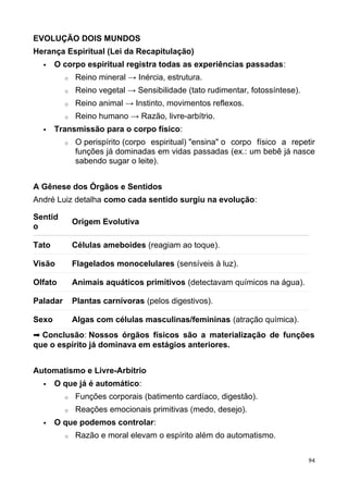 EVOLUÇÃO DOIS MUNDOS
Herança Espiritual (Lei da Recapitulação)
 O corpo espiritual registra todas as experiências passadas:
o Reino mineral → Inércia, estrutura.
o Reino vegetal → Sensibilidade (tato rudimentar, fotossíntese).
o Reino animal → Instinto, movimentos reflexos.
o Reino humano → Razão, livre-arbítrio.
 Transmissão para o corpo físico:
o O perispírito (corpo espiritual) "ensina" o corpo físico a repetir
funções já dominadas em vidas passadas (ex.: um bebê já nasce
sabendo sugar o leite).
A Gênese dos Órgãos e Sentidos
André Luiz detalha como cada sentido surgiu na evolução:
Sentid
o
Origem Evolutiva
Tato Células ameboides (reagiam ao toque).
Visão Flagelados monocelulares (sensíveis à luz).
Olfato Animais aquáticos primitivos (detectavam químicos na água).
Paladar Plantas carnívoras (pelos digestivos).
Sexo Algas com células masculinas/femininas (atração química).
➡ Conclusão: Nossos órgãos físicos são a materialização de funções
que o espírito já dominava em estágios anteriores.
Automatismo e Livre-Arbítrio
 O que já é automático:
o Funções corporais (batimento cardíaco, digestão).
o Reações emocionais primitivas (medo, desejo).
 O que podemos controlar:
o Razão e moral elevam o espírito além do automatismo.
94
 