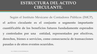ESTRUCTURA DEL ACTIVO
CIRCULANTE.
Según el Instituto Mexicano de Contadores Públicos (IMCP),
el activo circulante es el conjunto o segmento importante
cuantificable de los beneficios futuros fundadamente esperados
y controlados por una entidad, representados por efectivos,
derechos, bienes o servicios, como consecuencia de transacciones
pasadas o de otros eventos ocurridos.
30/03/2014M.A. PEDRO LUVIANO RODRIGUEZ.
 