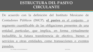 ESTRUCTURA DEL PASIVO
CIRCULANTE
De acuerdo con la definición del Instituto Mexicano de
Contadores Públicos (IMCP), el pasivo es el conjunto o
segmento cuantificable de las obligaciones presentes de una
entidad particular, que implica, en forma virtualmente
ineludible, la futura transferencia de efectivo, bienes o
servicios a otras entidades, como transacciones o eventos
pasados.
30/03/2014M.A. PEDRO LUVIANO RODRIGUEZ.
 