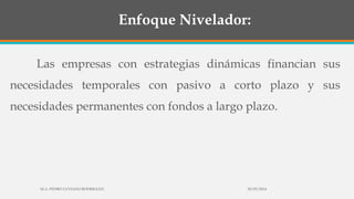 Enfoque Nivelador:
Las empresas con estrategias dinámicas financian sus
necesidades temporales con pasivo a corto plazo y sus
necesidades permanentes con fondos a largo plazo.
30/03/2014M.A. PEDRO LUVIANO RODRIGUEZ.
 
