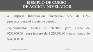 EJEMPLO DE CURSO
DE ACCIÓN NIVELADOR
La Empresa Información Financiera, S.A. de C.V.,
proyecta para el siguiente período:
Requerimientos totales de efectivo para enero de
$230,000.00, para febrero de $ 220,000.00 y para marzo de
$240,000.00
30/03/2014M.A. PEDRO LUVIANO RODRIGUEZ.
 
