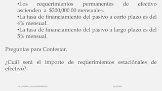 •Los requerimientos permanentes de efectivo
ascienden a $200,000.00 mensuales.
•La tasa de financiamiento del pasivo a corto plazo es del
4% mensual.
•La tasa de financiamiento del pasivo a largo plazo es del
5% mensual.
Preguntas para Contestar.
¿Cuál será el importe de requerimientos estaciónales de
efectivo?
30/03/2014M.A. PEDRO LUVIANO RODRIGUEZ.
 