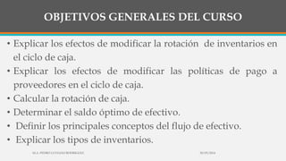 OBJETIVOS GENERALES DEL CURSO
• Explicar los efectos de modificar la rotación de inventarios en
el ciclo de caja.
• Explicar los efectos de modificar las políticas de pago a
proveedores en el ciclo de caja.
• Calcular la rotación de caja.
• Determinar el saldo óptimo de efectivo.
• Definir los principales conceptos del flujo de efectivo.
• Explicar los tipos de inventarios.
30/03/2014M.A. PEDRO LUVIANO RODRIGUEZ.
 