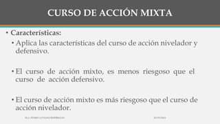 CURSO DE ACCIÓN MIXTA
• Características:
• Aplica las características del curso de acción nivelador y
defensivo.
• El curso de acción mixto, es menos riesgoso que el
curso de acción defensivo.
• El curso de acción mixto es más riesgoso que el curso de
acción nivelador.
30/03/2014M.A. PEDRO LUVIANO RODRIGUEZ.
 